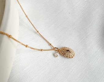 Pearl and Shell Charm necklace, gold necklace, silver necklace, dainty, crystal and stone, Minimalist, handmade jewellery, gift