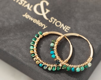 Wrapped Mini Chrysocolla Hoops, gemstone hoops, wrapped hoops, crystal and stone, gifts for her,  Minimalist, handmade jewellery, gift