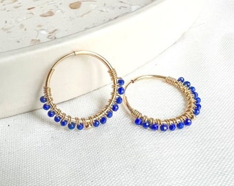 Wrapped Mini Lapis Hoops, gemstone hoops, wrapped hoops, crystal and stone, gifts for her,  Minimalist, handmade jewellery, gift