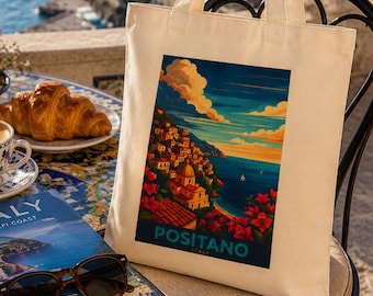 Positano Tote Bag, Amalfi Coast Canvas Market Bag, Italy Travel Souvenir