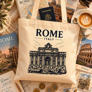 May include: A cream tote bag with "ROME ITALY" printed on it, depicting a fountain illustration. The bag contains maps, a passport, and postcards. A camera, sunglasses, and a coffee cup are also visible, suggesting a travel theme.