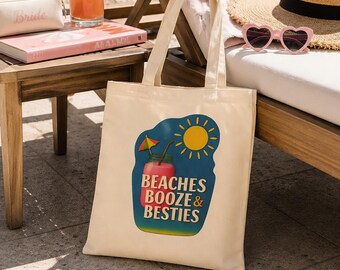 Beaches Booze & Besties Tote Bag: Bachelorette Bridesmaid Beach Trip Gift