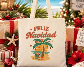 Feliz Navidad Tote, Tropical Palm Tree Christmas Bag (15" x 16")