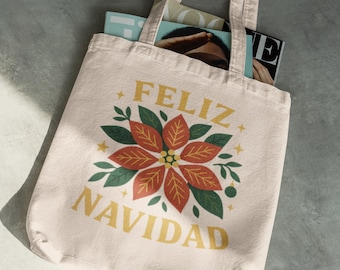 Feliz Navidad Poinsettia Tote Bag, Mexican Christmas Folk Art Reusable Holiday Bag
