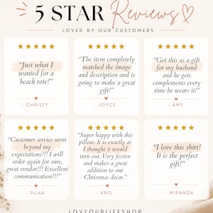 May include: Image featuring customer reviews with gold star ratings. Text includes phrases like "beach tote," "great gift," and "Christmas decor." The shop name "LOVE OURLIFESHOP" is at the bottom. The overall theme is positive customer feedback.