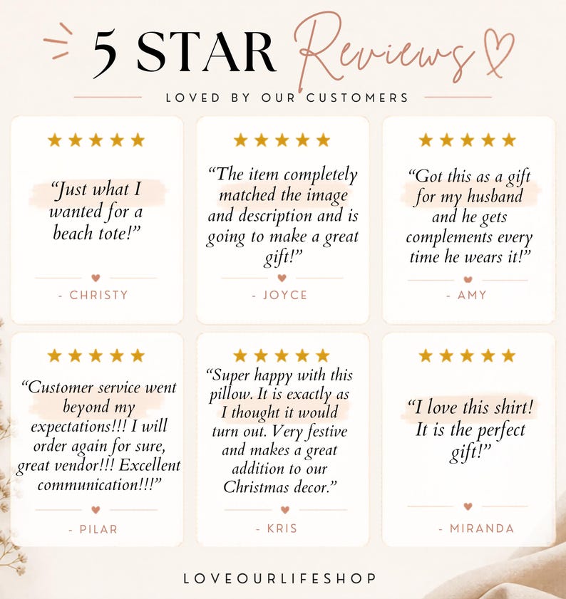 May include: Image featuring customer reviews with gold star ratings. Text includes phrases like "beach tote," "great gift," and "Christmas decor." The shop name "LOVE OURLIFESHOP" is at the bottom. The overall theme is positive customer feedback.
