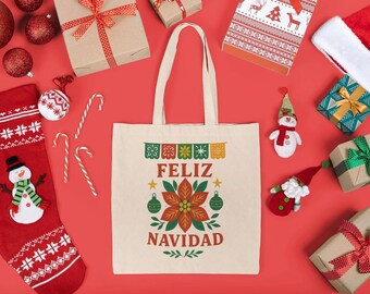 Christmas Tote Bag, Cotton Canvas Poinsettia Design, Mexican Folk Art
