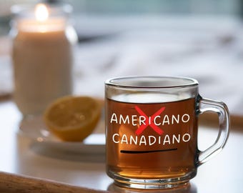 Clear Glass Mug, 10oz Capacity with Canadiano Print