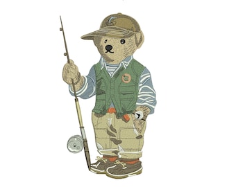 Motif de broderie pêcheur ours en peluche, fichier appliqué animal pêche (téléchargement instantané)