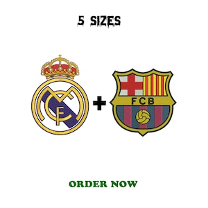 Può includere: Immagine con i loghi di Real Madrid e FC Barcellona, con il testo "5 SIZES" sopra e "ORDER NOW" sotto. Il logo del Real Madrid è un cerchio dorato con una corona, e il logo del FC Barcellona è uno scudo con un pallone da calcio.