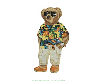 Motif de broderie ours en peluche, lunettes de soleil, chemise hawaïenne, vêtements d'été (téléchargement numérique)