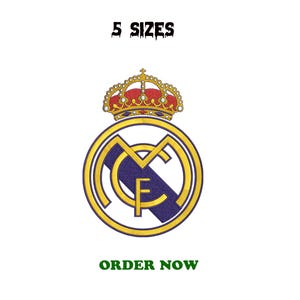 Puede incluir: Sobre un fondo blanco, se muestra el logotipo del Real Madrid. Presenta un círculo con borde dorado y un diseño 'MCF' azul marino. Una corona dorada con detalles rojos se encuentra encima. El texto "5 SIZES" está arriba y "ORDER NOW" abajo.