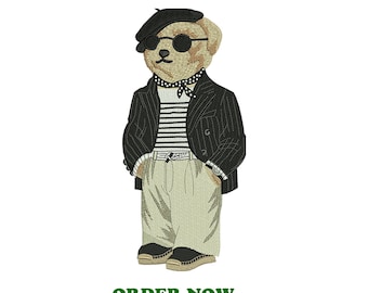 Motif de broderie élégant ours en peluche, lunettes de soleil ours vintage avec béret (5 tailles)