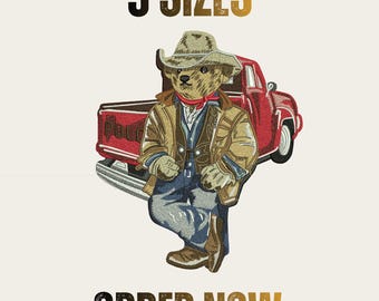 Motif de broderie cowboy ours en peluche, fichier vintage camion ours de l'Ouest (téléchargement instantané)