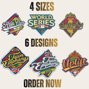 Puede incluir: Imagen que muestra seis parches bordados con temática de béisbol en varios diseños. Los parches presentan textos como "World Series", "City of Angels" y "Team Epiphany". La imagen también muestra "4 TAMAÑOS", "6 DISEÑOS" y "PEDIR AHORA".