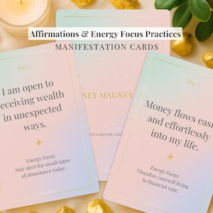 Puede incluir: Tarjetas de manifestación con afirmaciones y prácticas de enfoque energético. Las tarjetas tienen un diseño de gradiente pastel con detalles dorados. El texto de las tarjetas incluye frases como "Estoy abierto a recibir riqueza" y "El dinero fluye fácilmente".