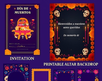 Kit d'autel Día de Muertos | Invitation imprimable, toile de fond et cadres photo (PNG)