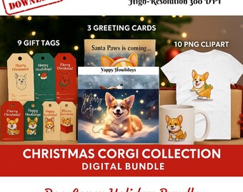Lot de cliparts Corgi de Noël : cartes des fêtes et étiquettes cadeaux (téléchargement numérique)