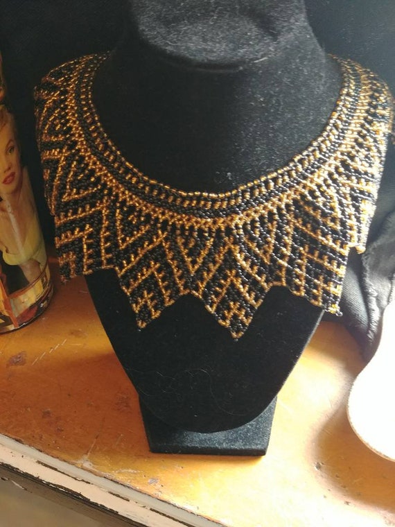 Vintage Beaded Gold and Black Collar Necklace - image 3