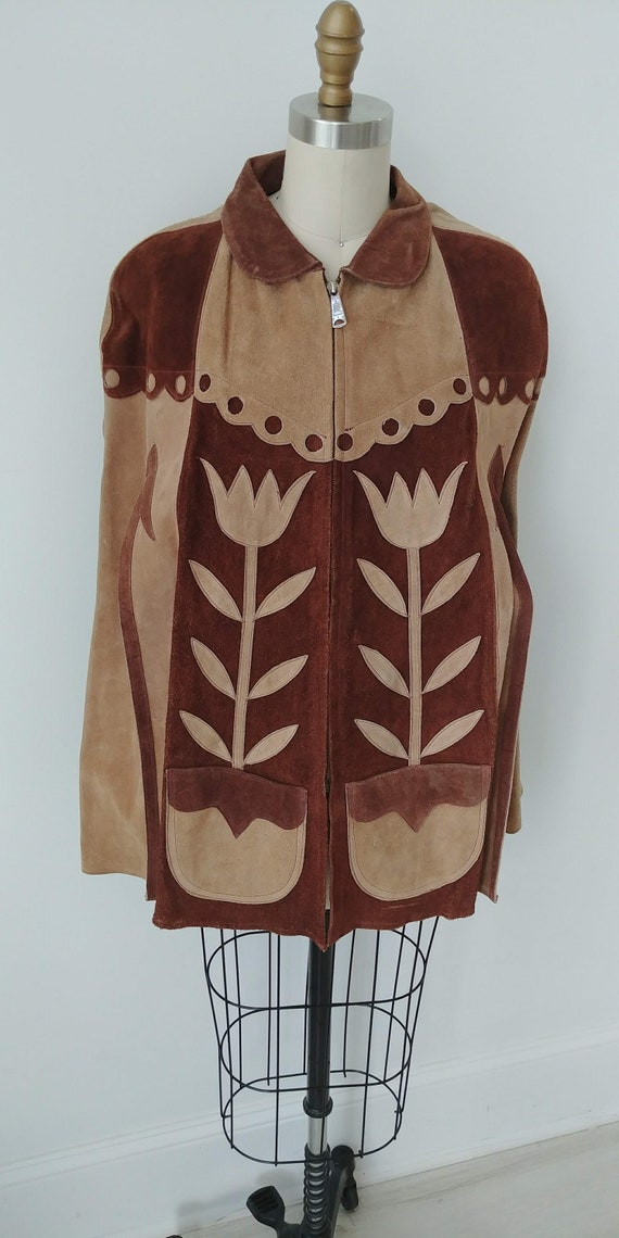 1960s Suede Hippie cape floral leather