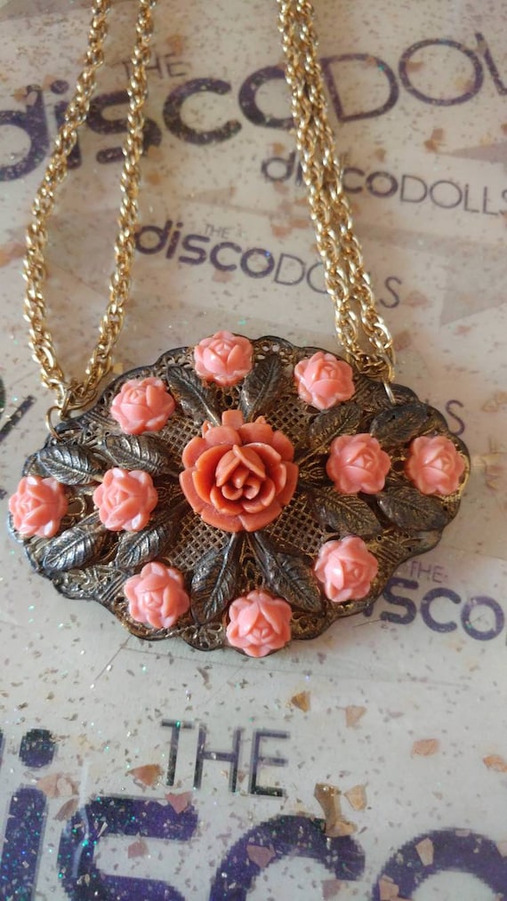 Celluloid Coral Rose Brooch Necklace Vintage