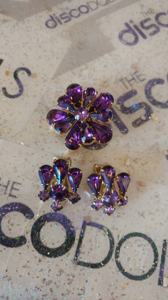 Purple Rhinestone Brooch & Earring Set (1960s)