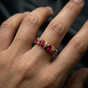 Ruby and Diamond Wedding Band, Marquise Red Stone Ring, Gold Stacking Ring, Vintage Anniversary Band, July Birthstone Gift for Her