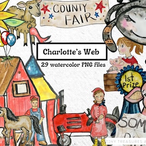 Puede incluir: Un conjunto de 29 ilustraciones de acuarela con personajes y objetos de Charlotte's Web, incluyendo un cerdo, una araña, un granero, un tractor, un caballo, una oveja, una niña y un niño. Las ilustraciones son de estilo de dibujos animados y son perfectas para usar en scrapbooking, creación de tarjetas u otros proyectos de manualidades.