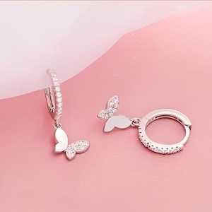 Silver Butterfly Hoop Earrings, Dainty Crystal Huggies with Drop Charms, Silver Hoops, Gift for her