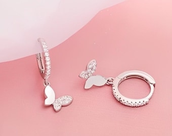 Silver Colour Butterfly Hoop Earrings, Dainty Crystal Huggies with Drop Charms, Silver Hoops, Gift for her