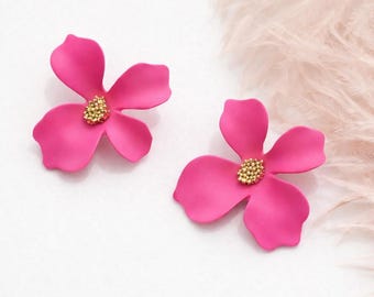 Hot Pink Flower Stud Earrings, Summer Party Earrings, Bold Floral Studs, Gift for Her