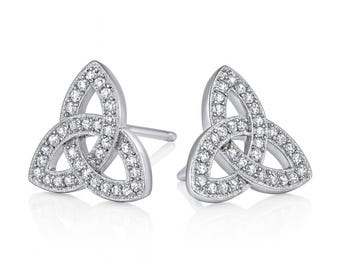 Silver Colour Celtic Stud Earrings, Trinity Knot Studs with Sparkling Stones, Perfect Gift