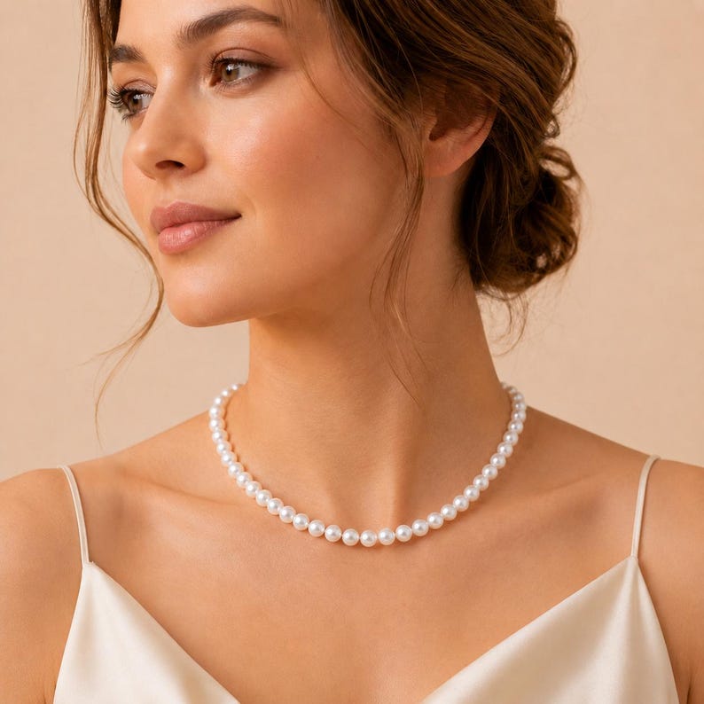 Puede incluir: Un collar de perlas cl&aacute;sico compuesto por numerosas perlas blancas redondas. El collar se lleva alrededor del cuello, descansando sobre un top de sat&eacute;n blanco. Las perlas son de tama&ntilde;o uniforme y crean un hilo continuo y elegante.