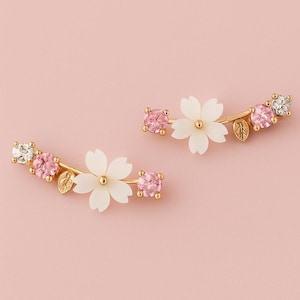 Rose gold cherry blossom earrings, Sakura flower earrings, Elegant floral earrings, Gift for her