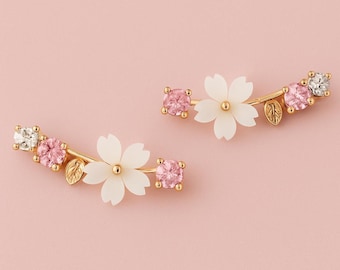 Rose gold colour cherry blossom earrings, Sakura flower earrings, Elegant floral earrings, Gift for her