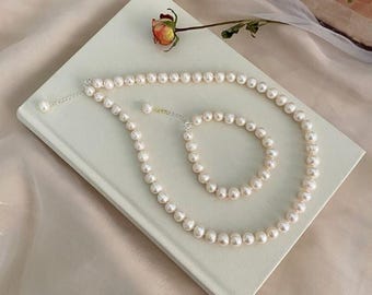 Collar de perlas de agua dulce auténticas de 8–9 mm, cierre de plata de ley 925, conjunto de collar y pulsera, joyería nupcial elegante, regalo para ella.