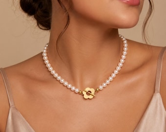 Natural Pearl Necklace with Flower Clasp, Classic Pearl Strand, Elegant Choker, Gift for Her