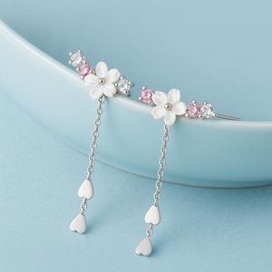 Silver cherry blossom earrings, Sakura flower earrings, Elegant floral earrings, Gift for her