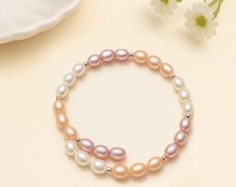 Pulsera de perlas de plata de ley, pulsera de perlas multicolor en tonos pastel, un regalo elegante para ella.