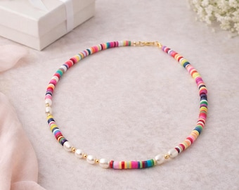 Collar de perlas arcoíris, gargantilla colorida de verano, perlas naturales, joyería de playa, regalo para ella