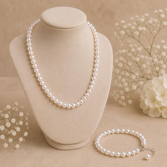 Real Freshwater Pearl Necklace & Bracelet Set, 6–7mm Pearl Jewellery, 925 Sterling Silver Clasp, Bridal Pearl Set, Elegant Gift for Her