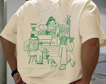 Cafe Line Art Shirt, Comfort Colors Coffee Shop Tee, Botanical Illustration Apparel
