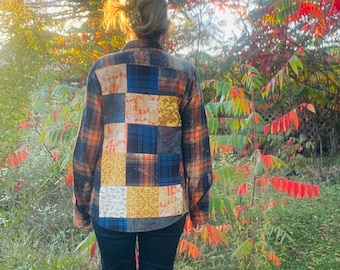 S Blue  Multi Patchwork Button Down-Sustainable and Upcycled