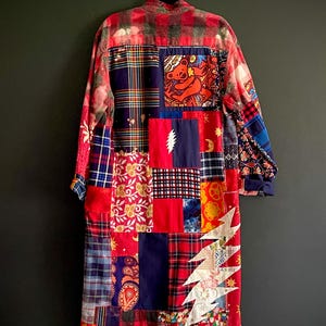 Lg 13 Point Bolt Red White Blue Patchwork Chore Coat Upcycled & Sustainable | One-of-a-Kind!