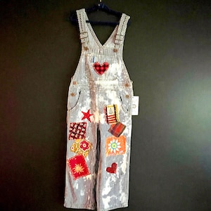 4T One of a Kind Kids Striped Overalls – Upcycled Bleached Overalls with Hand Sewn Patches – Sustainable Children’s Clothing