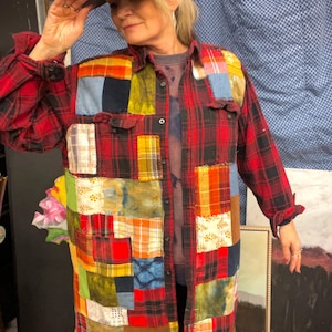 XL Red Quilt Upcycled Patchwork Chore Coat, Handmade