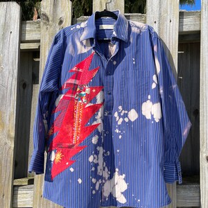 Mens LARGE Bright Blue  Upcycled Button Down Shirt with RED 13 Point Lightning Bolt