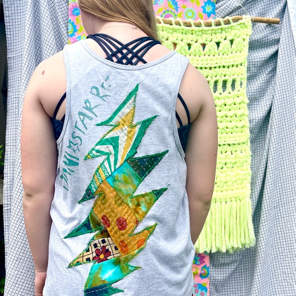 Upcycled Lightning Bolt Applique Tank Size XXL  One of a Kind!