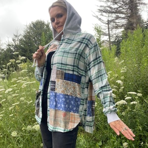 Medium Hoodie Patchwork Flannel Top-Upcycled!