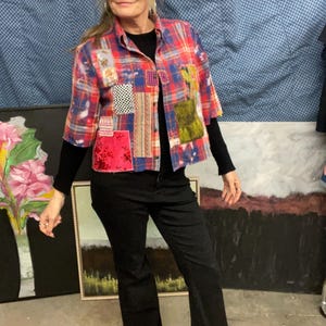 Różowy, patchworkowy, skrócony top flanelowy z recyklingu!